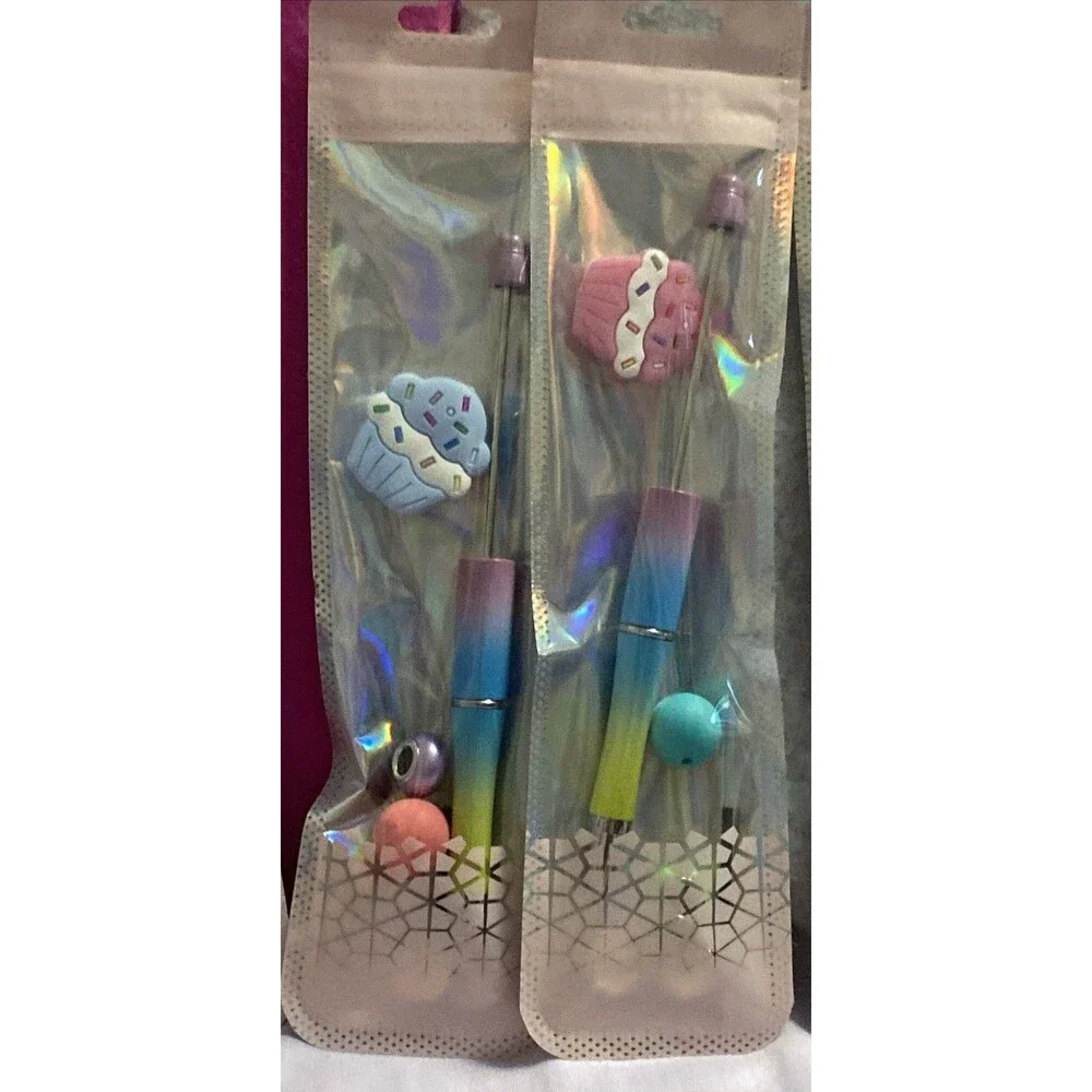 DIY Beadable Pens Cupcake Beads Craft Lot 5 Kits Pink Blue Sparkle Party Favors